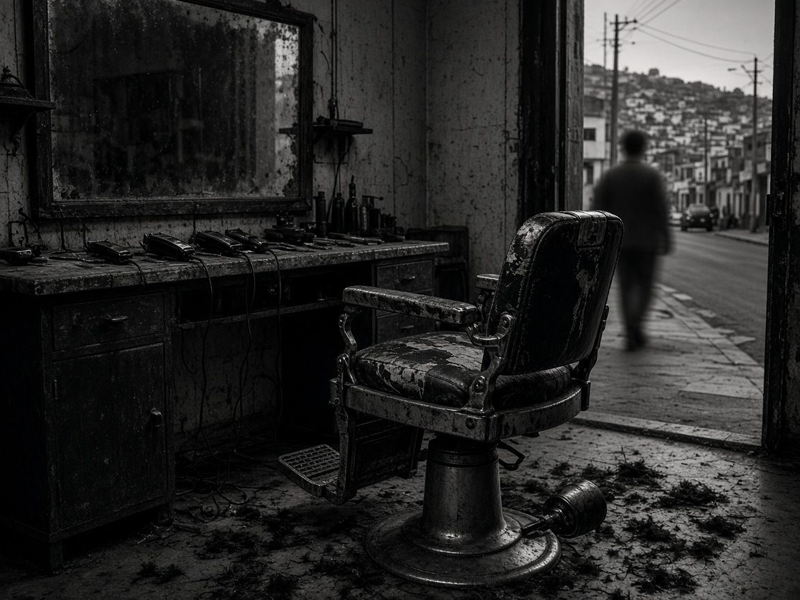 Interior de barbería, silla y espejo
